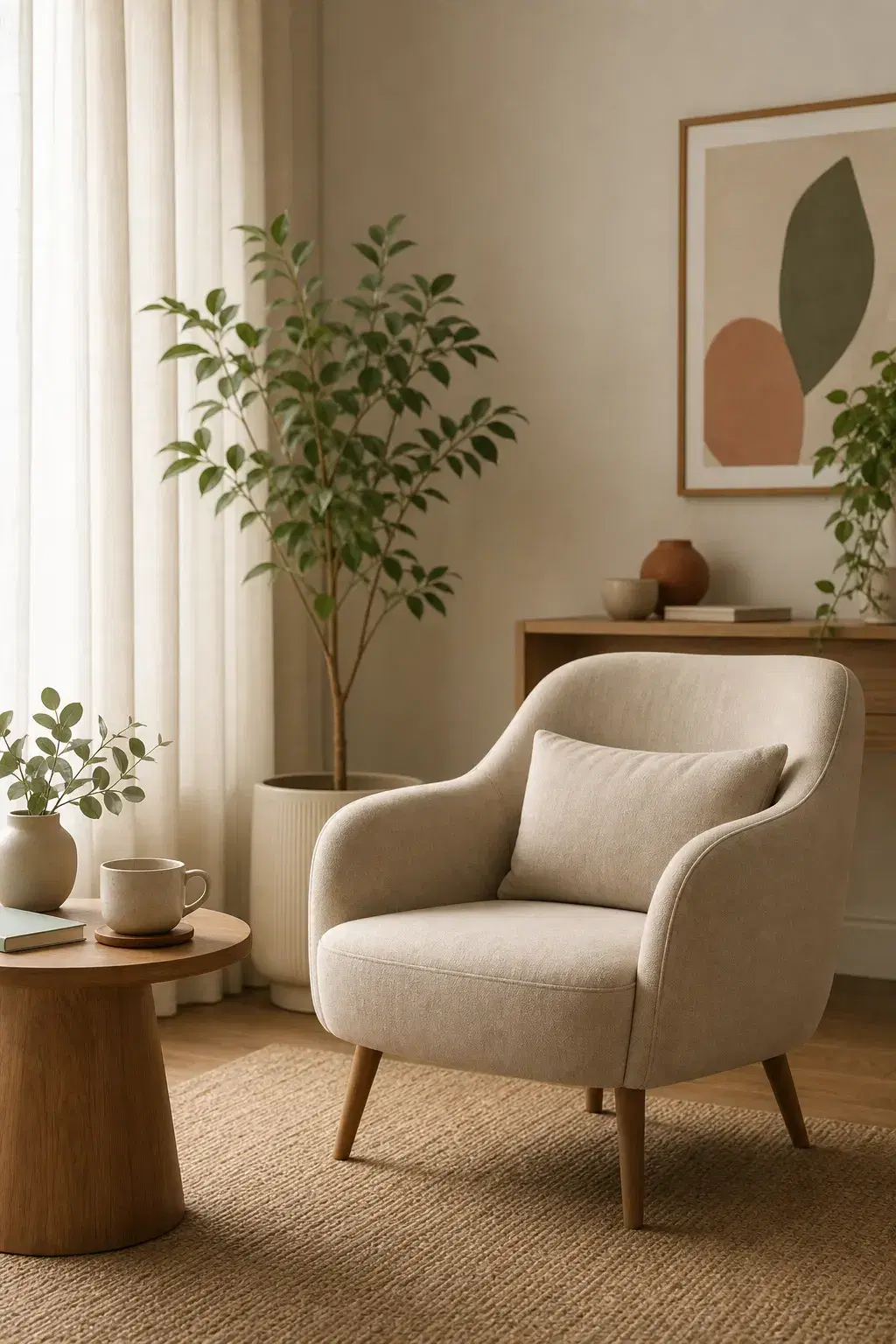 Consultorio cálido con un sillón, plantas y luz natural